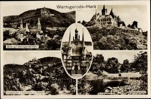 Ak Wernigerode am Harz, Ortsansicht, Schloss, Rathaus, Salzbergtal, Lindenberg, Christianental