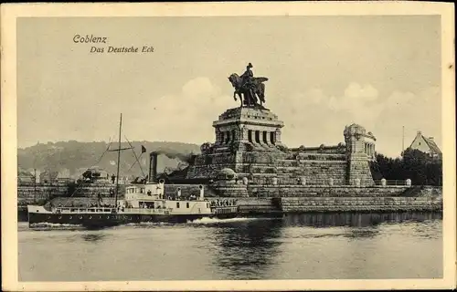 Ak Koblenz am Rhein, Das Deutsche Eck, Denkmal, Dampfer