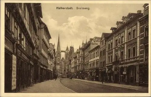 Ak Halberstadt am Harz, Breiteweg, Kirche, Geschäfte