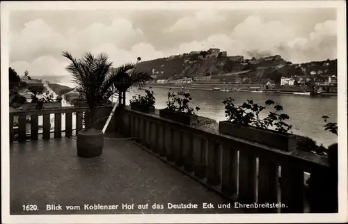 Ak Koblenz am Rhein, Blick vom Koblenzer Hof auf das Deutsche Eck und Ehrenbreitstein