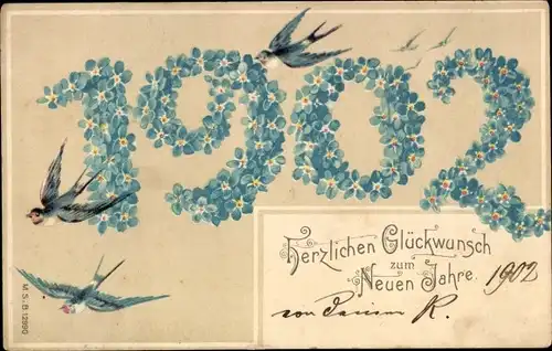Ak Glückwunsch Neujahr 1902, Vergissmeinnicht, Schwalben