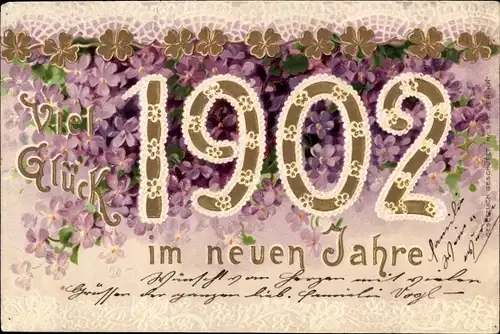 Präge Litho Glückwunsch Neujahr 1902, Veilchen, Glücksklee