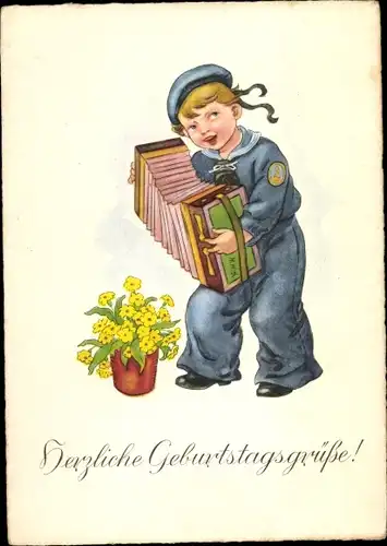 Ak Glückwunsch Geburtstag, Junge in Matrosenanzug mit Ziehharmonika