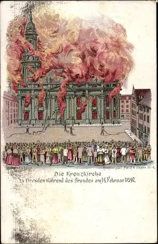 Litho Dresden Altstadt, Brand der Kreuzkirche am 16. Februar 1897, Zuschauer