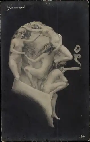 Künstler Ak Frauenkörper, Männergesicht mit Zigarette, Metamorphose, Gourmand