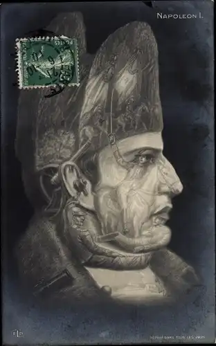 Künstler Ak Napoleon Bonaparte, Metamorphose, Gesicht aus Schlachtszenen
