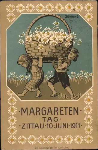 Künstler Litho Göhring, Zittau in der Oberlausitz, Margaretentag 1911, Kinder mit Blumenkorb