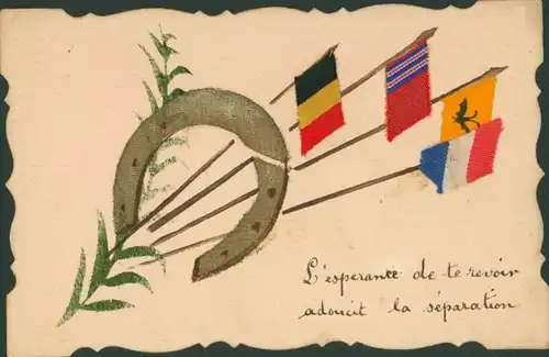 Stoff Ak Hufeisen, Belgische Fahne, Französische Fahne