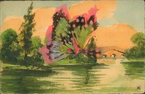 Handgemalt Stoff Künstler Ak Schmetterling, Teich, Wald, Brücke