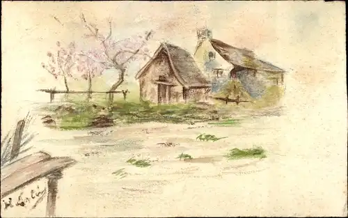 Handgemalt Künstler Ak Dorfpartie, Wohnhaus, Bauernhof, Blühende Bäume