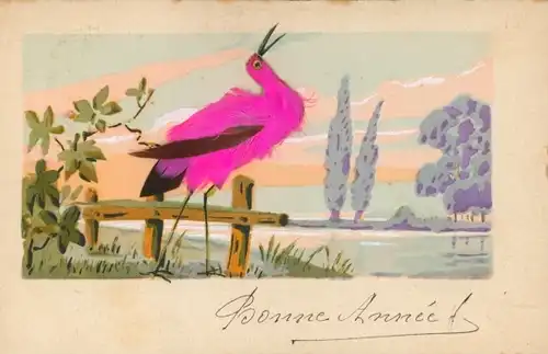 Handgemalt Stoff Ak Pinker Vogel am Wasser, Bäume, Feder