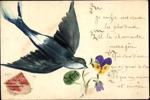 Handgemalt Ak Schwalbe mit Blumen im Schnabel