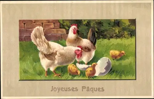 Präge Ak Glückwunsch Ostern, Hühner-Familie, Küken, Eierschale