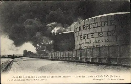 Ak Hoboken Antwerpen Flandern, Incendie des Tanks a Petrole 1904, Tanks de Eiffe & Co.