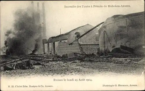Ak Hoboken Antwerpen Flandern, Incendie des Tanks a Petrole 1904, Ruines