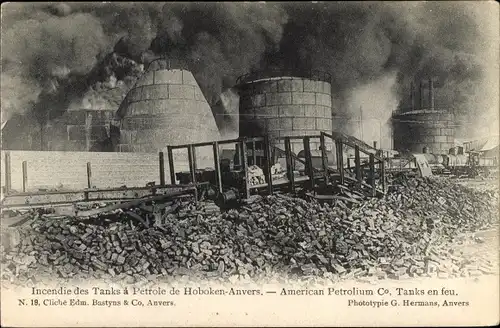 Ak Hoboken Antwerpen Flandern, Incendie des Tanks a Petrole 1904, American Petrolium Co.