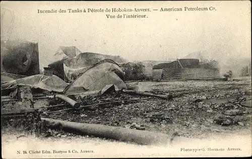 Ak Hoboken Antwerpen Flandern, Incendie des Tanks a Petrole 1904, American Petroleum Co.