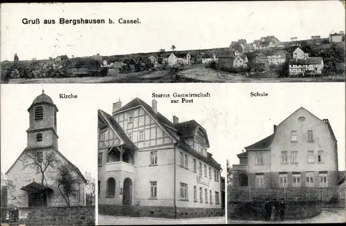 Ak Bergshausen Fuldabrück in Hessen, Gesamtansicht, Kirche, Sturms Gastwirtschaft, Post, Schule