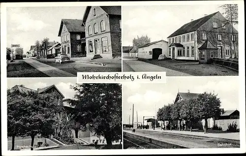 Ak Mohrkirch Osterholz in Angeln, Bahnhof, Schule, Shell Tankstelle