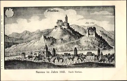 Künstler Ak Merian, Nassau an der Lahn, Ort im Jahre 1645