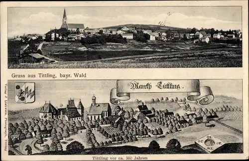 Ak Tittling im Dreiburgenland Niederbayern, Totalansicht, Ort vor 500 Jahren, Wappen