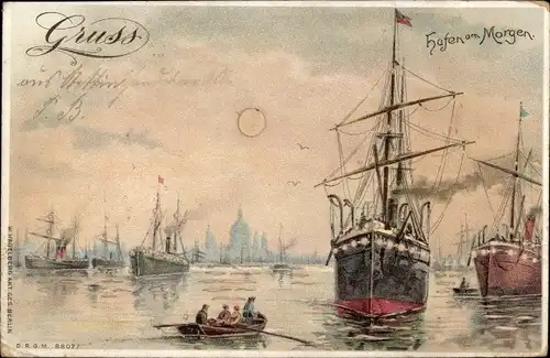 Litho Hafen am Morgen, Schiffe, Ruderboot, Sonnenschein
