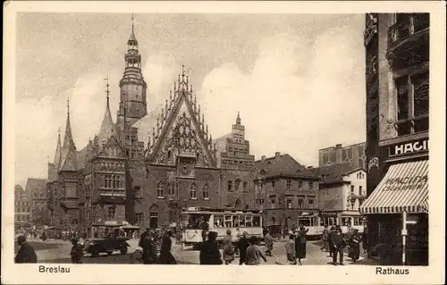 Ak Wrocław Breslau Schlesien, Rathaus, Straßenpartie