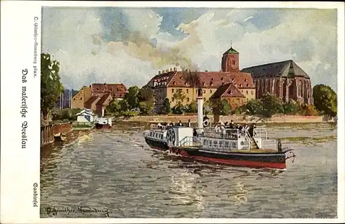 Künstler Ak Günther-Naumburg, D., Wrocław Breslau Schlesien, Sandinsel, Salondampfer