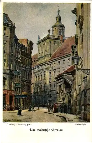 Künstler Ak Günther, O., Wrocław Breslau Schlesien, Partie an der Universtität, Fechterbrunnen