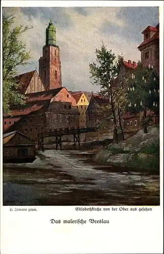 Künstler Ak Irmann, H., Breslau (Wrocław) in Schlesien, Elisabethkirche von der Oder aus gesehen