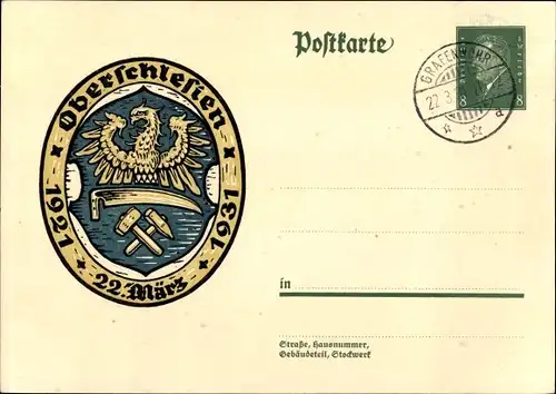Ganzsachen Ak Oberschlesien, 22 März, 1921 bis 1931, Wappen, 8 Pfennig