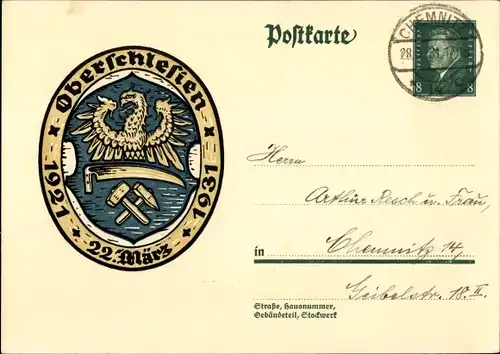 Ganzsachen Ak Oberschlesien, 22 März, 1921 bis 1931, Wappen, 8 Pfennig