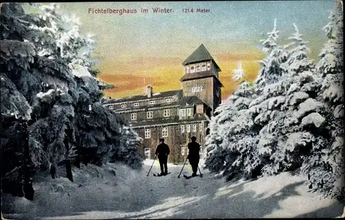 Ak Oberwiesenthal im Erzgebirge Sachsen, Unterkunftshaus, Fichtelberg, Winter