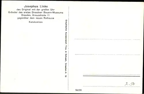 Ak Dresden Altstadt, Josephus Linke, das Original mit der großen Uhr, Gründer des Museums