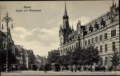 Ak Erfurt in Thüringen, Anger, Kaiserliches Hauptpostamt, Straßenbahn