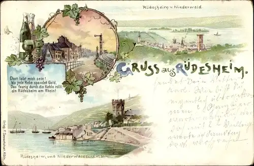 Litho Rüdesheim am Rhein in Hessen, Blick vom Niederwald, Denkmal, Flusspartie, Wein