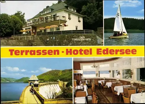 Ak Edertal in Hessen, Terrassen Hotel Edersee, Edersee Talsperre