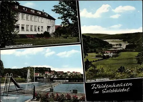 Ak Weidenhausen im Salzbödetal Gladenbach Hessen, Dorfgemeinschaftshaus, Schwimmbad, Waldmühle