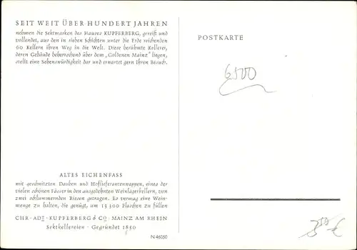 Ak Mainz in Rheinland Pfalz, Sektkellerei C. A. Kupferberg & Co., 100.000 Liter Riesenfass