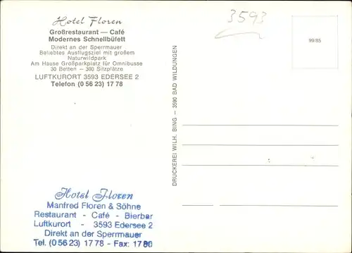 Künstler Ak Edertal Hessen, Hotel Floren, Edersee 2
