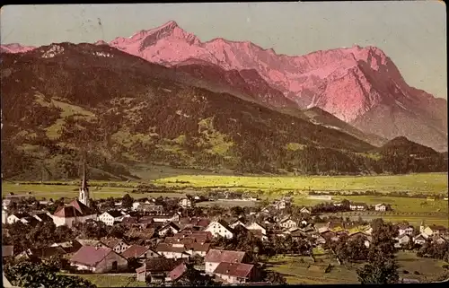 Ak Garmisch Partenkirchen in Oberbayern, Ortsansicht mit Kirche und Zugspitze