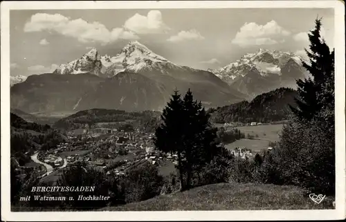 Ak Berchtesgaden in Oberbayern, Ortsansicht mit Watzmann und Hochkalter