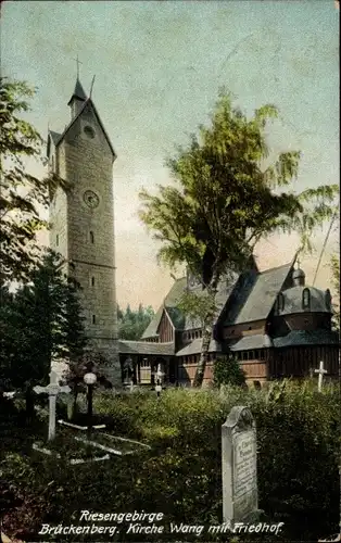 Ak Karpacz Górny Brückenberg Krummhübel Riesengebirge Schlesien, Kirche Wang mit Friedhof