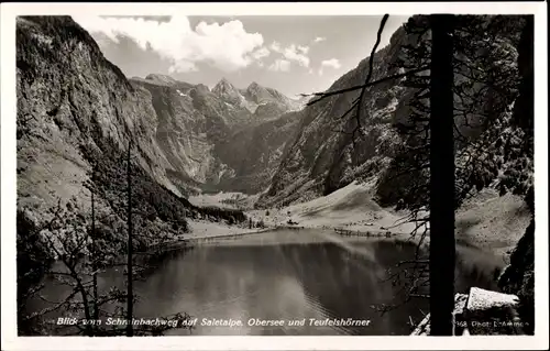 Ak Berchtesgaden in Oberbayern, Schrainbachweg auf Saletalpe, Obersee und Teufelshörner