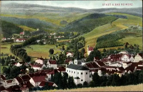 Ak Duszniki Zdrój Bad Reinerz Schlesien, Panorama der Stadt, Kirche