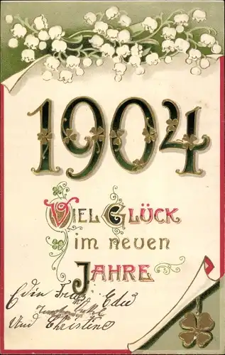 Präge Litho Glückwunsch Neujahr, Jahreszahl 1904, Maiglöckchen, Kleeblatt