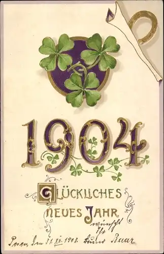 Präge Ak Glückwunsch Neujahr 1904, Glücksklee, Hufeisen