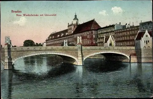 Ak Breslau Wrocław in Schlesien, Neue Werderbrücke mit Universität
