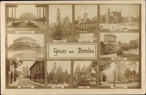 Ak Breslau Wrocław in Schlesien, Jahrhunderthalle, Hauptbahnhof, Rathaus, Liebichhöhe