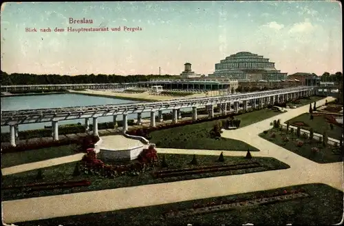 Ak Wrocław Breslau in Schlesien, Blick nach dem Hauptrestaurant und Pergola